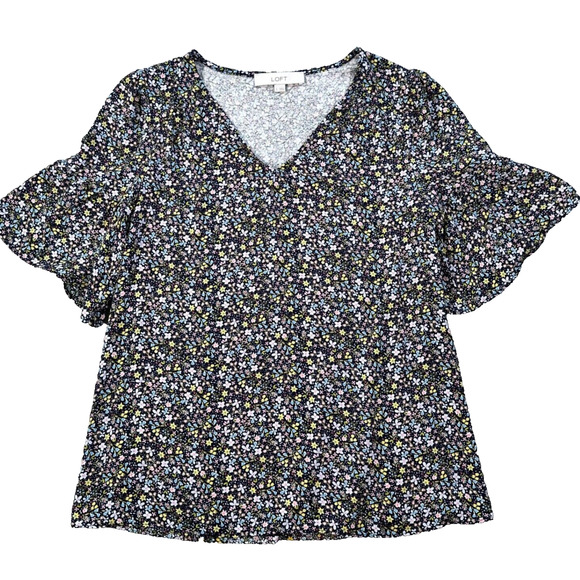 LOFT V-Neck Bell Sleeve Floral Blouse Women's Small Navy Blue Yellow Top - Picture 1 of 7